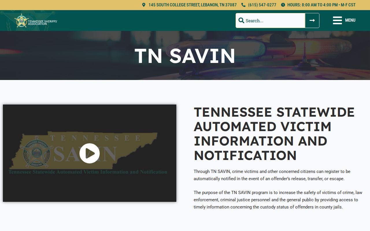 Tennessee SAVIN participation information for Union County custody alerts